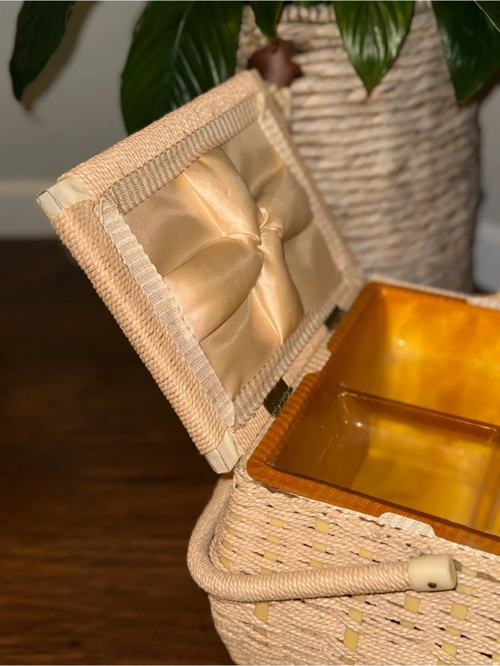Vintage Woven Wicker Sewing Basket With Dual/Hinged Lid And Cream Tapestry Top